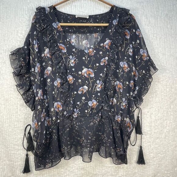 Ulla Johnson Midnight Floral Chiffon Lined Scoop Neck Ruffle Blouse Size Medium - Picture 1 of 6